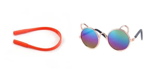 Cat wearing metal frame sunglasses in black with reflective lenses