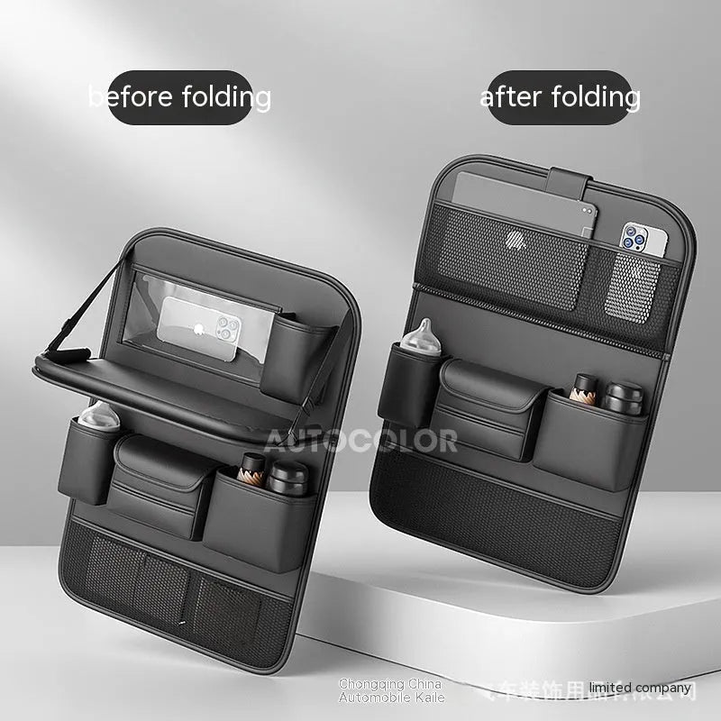 Car seat back storage bag with foldable dining table in waterproof leather construction