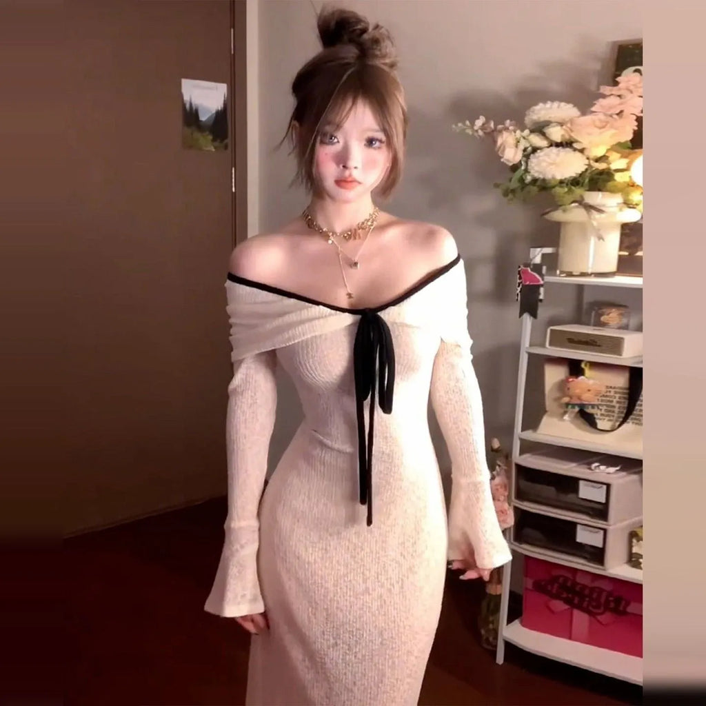 White off-shoulder long-sleeved knitted dress for women with high waist, polyester fabric, sizes S to XL