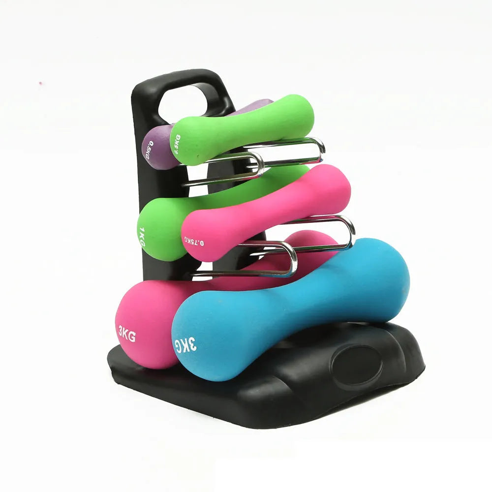 White PVC dumbbell storage rack with removable mounting bracket on a clean floor.