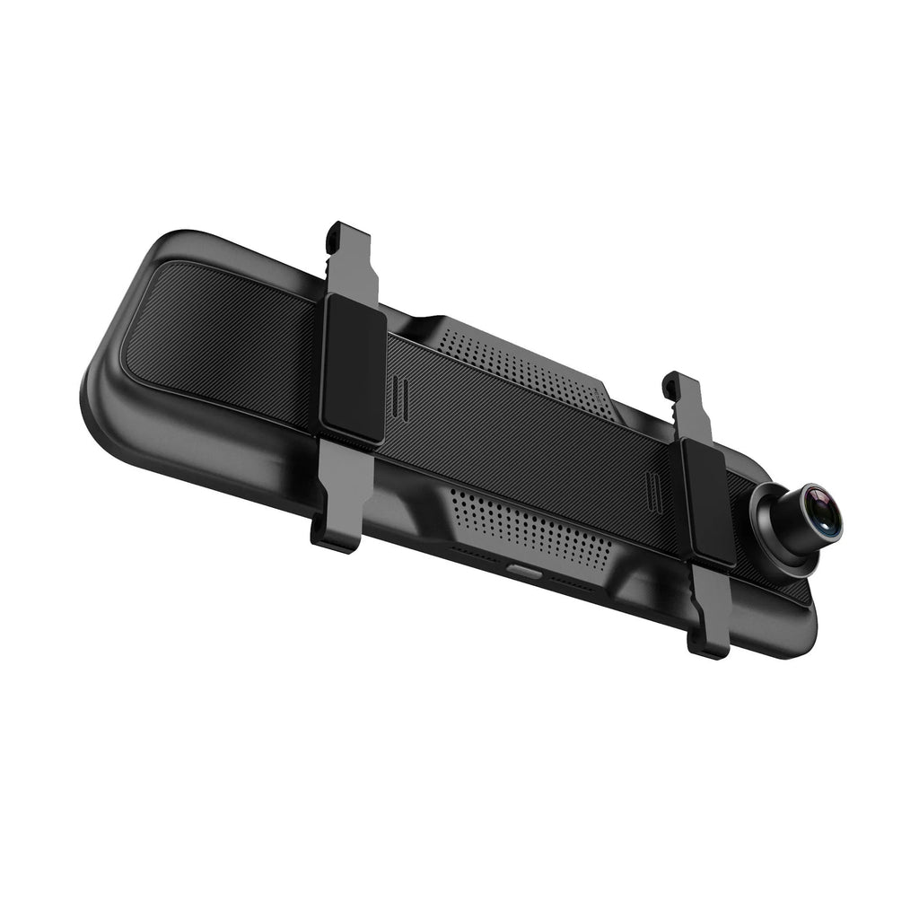 Black rearview mirror dash cam with 10-inch touch screen display, shown with car charger and mounting bracket.