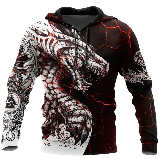 Men's animal print long sleeve pullover hoodie in polyester, round neck, street style, size S-4XL