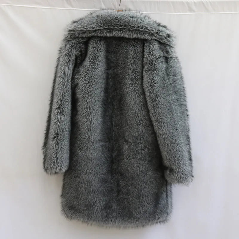Men's dark gray imitation fox fur long-cut coat with loose fit and side pockets on a model