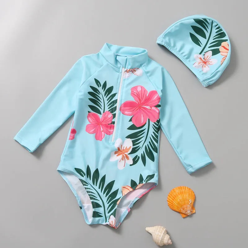 Children's blue polyester one-piece sunscreen swimsuit with print pattern for beach wear