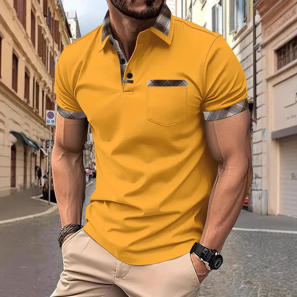 Men's loose fit colourblock plaid T-shirt with short sleeves and zipper decoration details