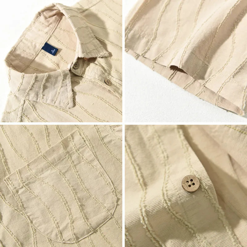 Men's apricot and army green pure cotton short-sleeve casual shirt on a hanger.