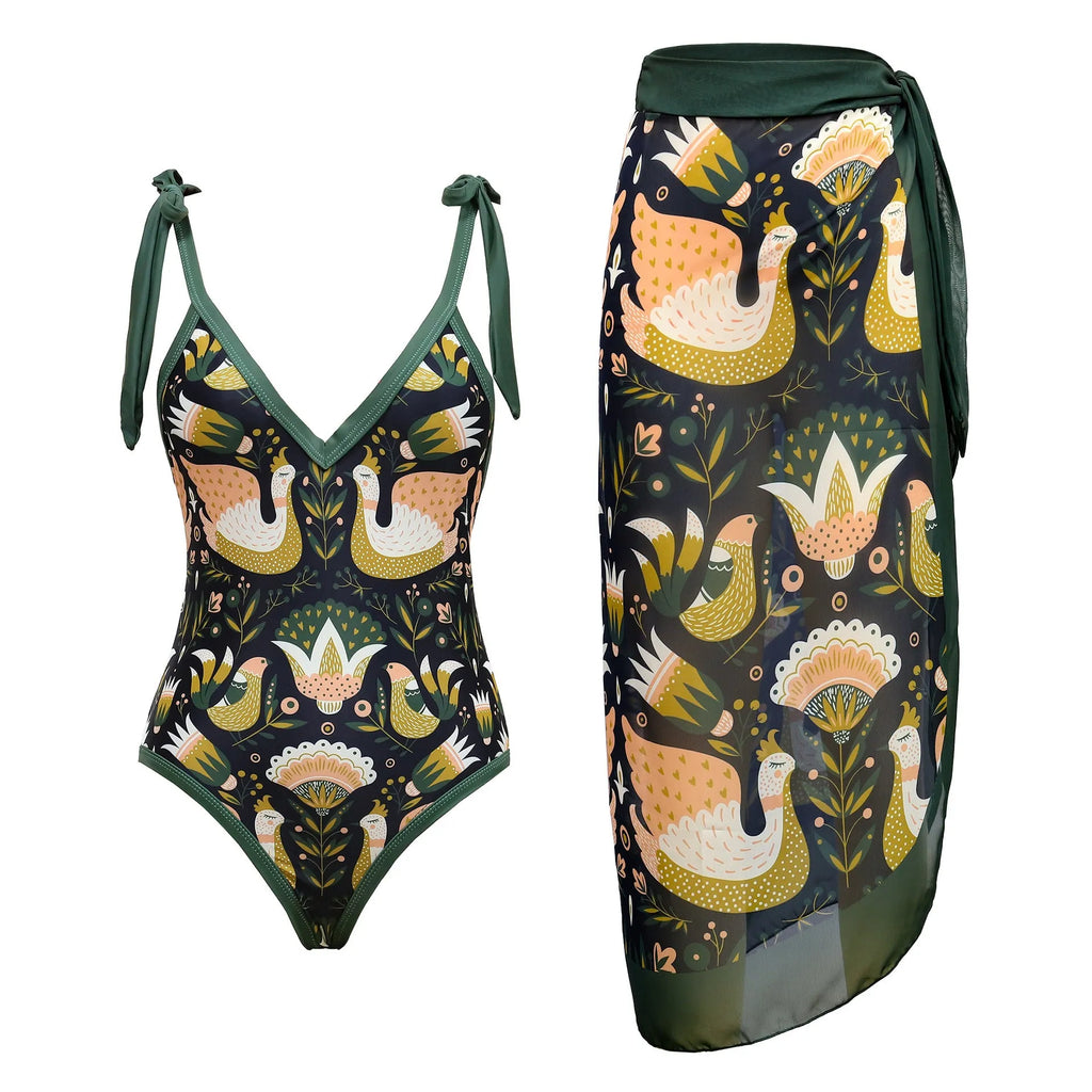 Women's solid colour one-piece swimsuit with spaghetti straps and a separate skirt.