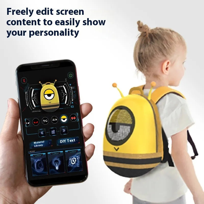 Yellow kids backpack with cartoon animation and eye animation design, EVA waterproof material, 23x12x30cm