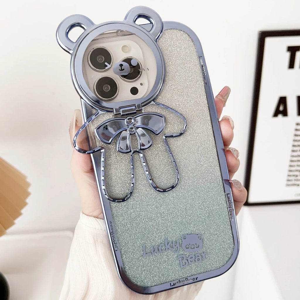 Electroplating glitter TPU phone case with embossed lucky bear bracket, black, compatible with iPhone 14 Pro Max