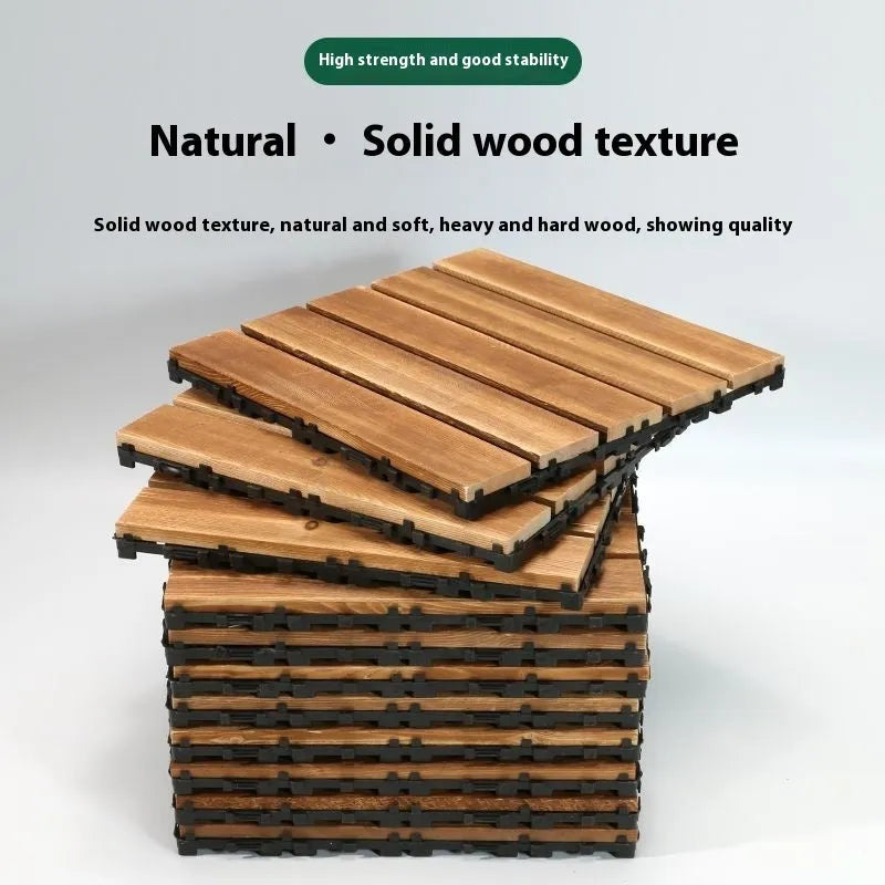 Square camphor pine wood flooring tile with brushed texture, 30x30cm, for balconies and patios.