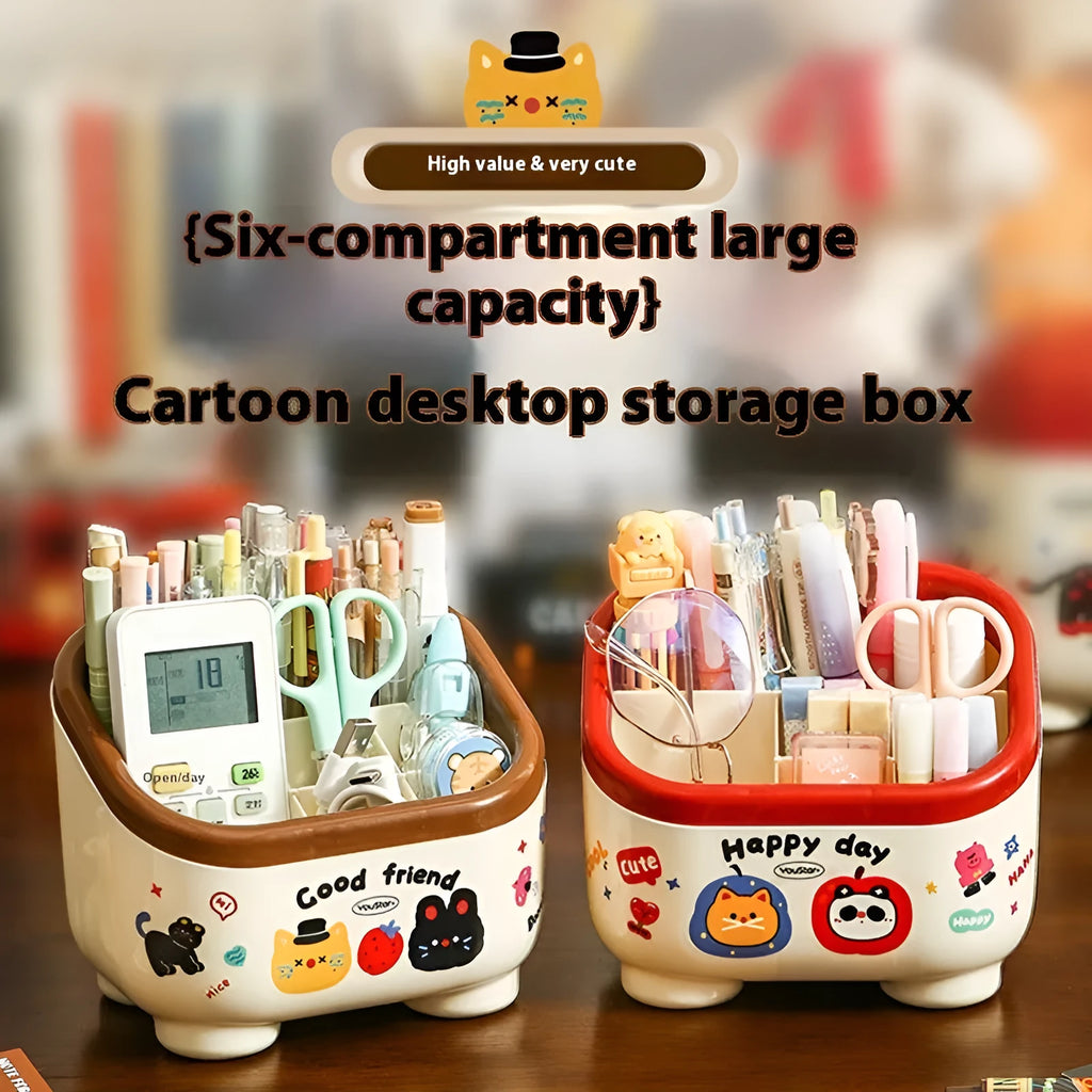 Dopamine cartoon style plastic desktop organiser with multiple storage boxes in red and brown colours
