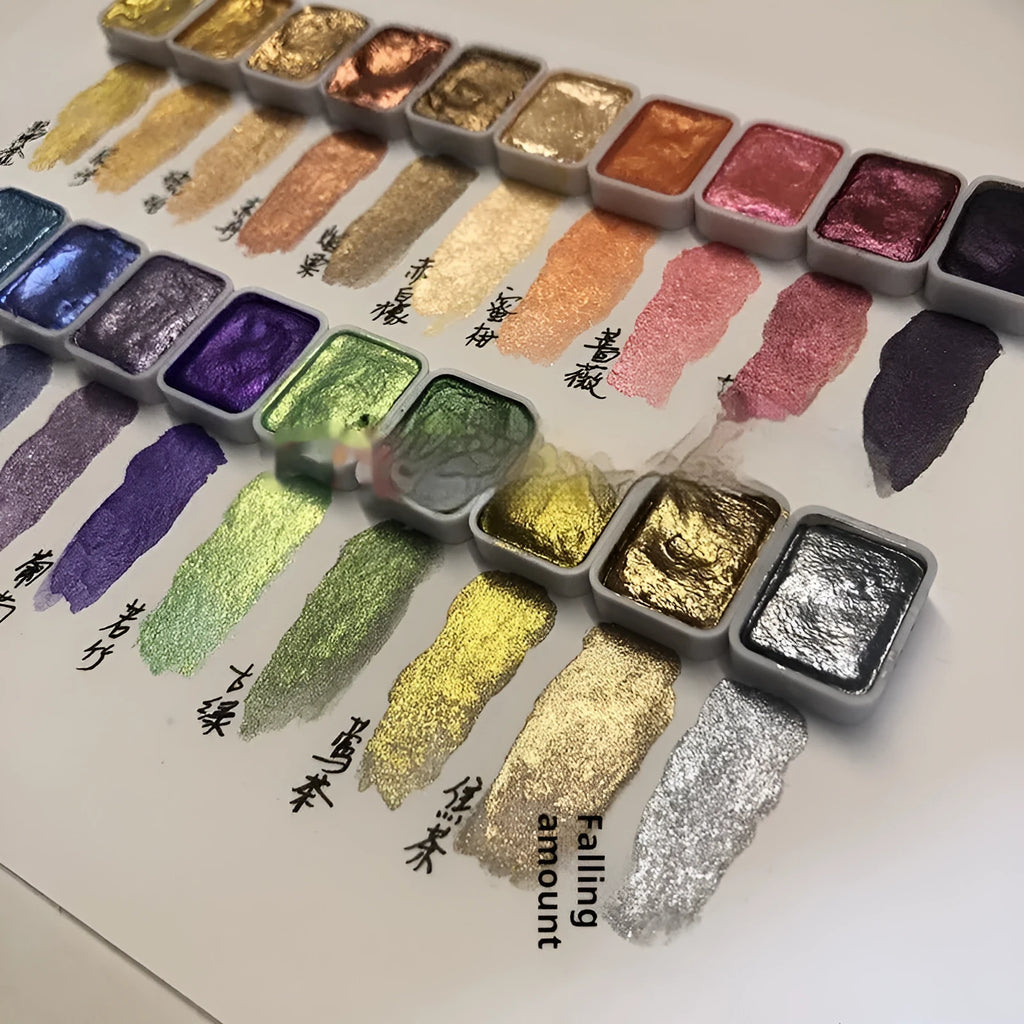 Traditional Chinese painting watercolour set with metallic gold tubes and pearlescent pigments