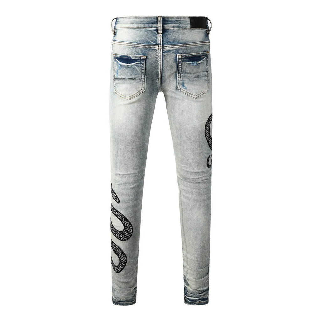 Street fashion distressed skinny jeans in 8934Blue wash with a tight fit and button fly.