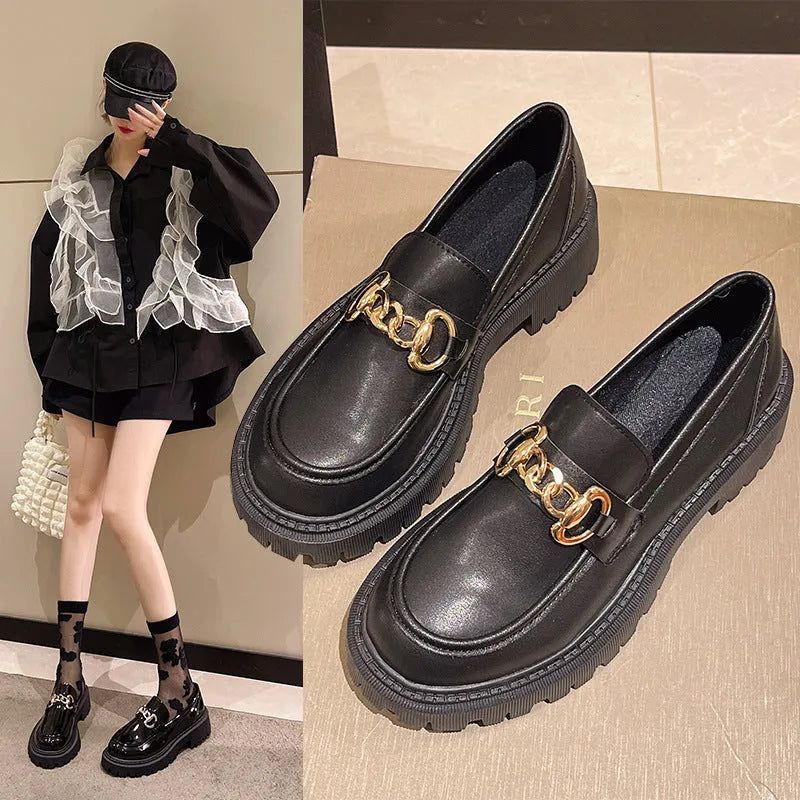 British retro round toe flat heel shoes in black glossy with PU upper