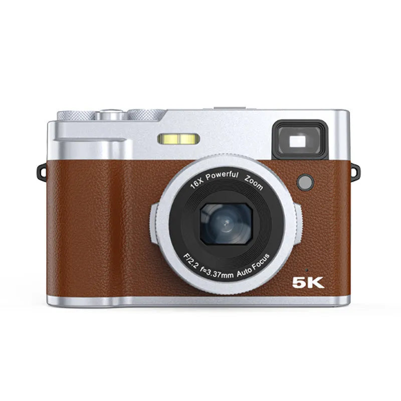 Black 5K digital camera with dual lenses and a 2.88-inch screen, shown with optical viewfinder.