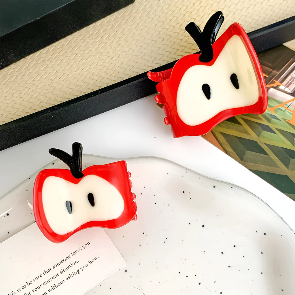Large red spliced handmade hair clip with apple design, 6.5cm length, mixed material, for women