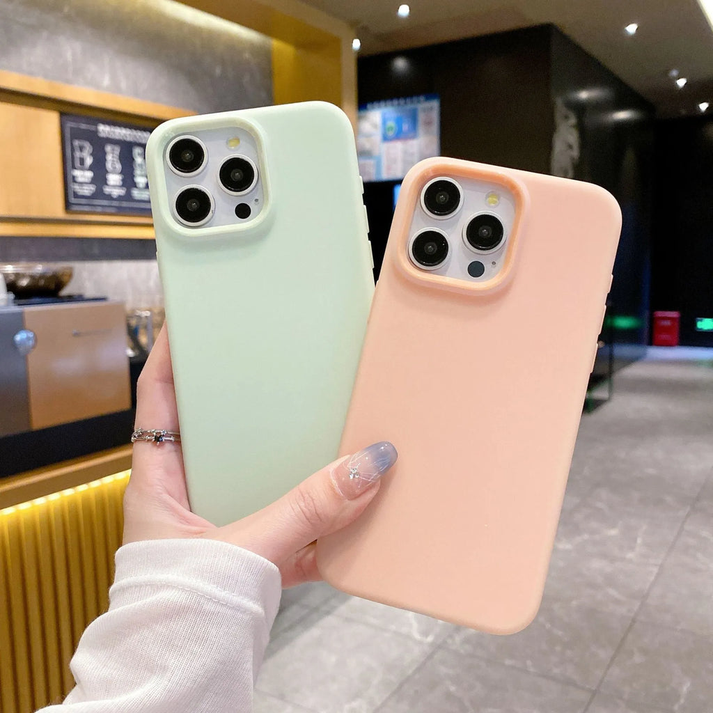 Liquid silicone dopamine phone case for Apple iPhone in blue, purple, and orange colour options