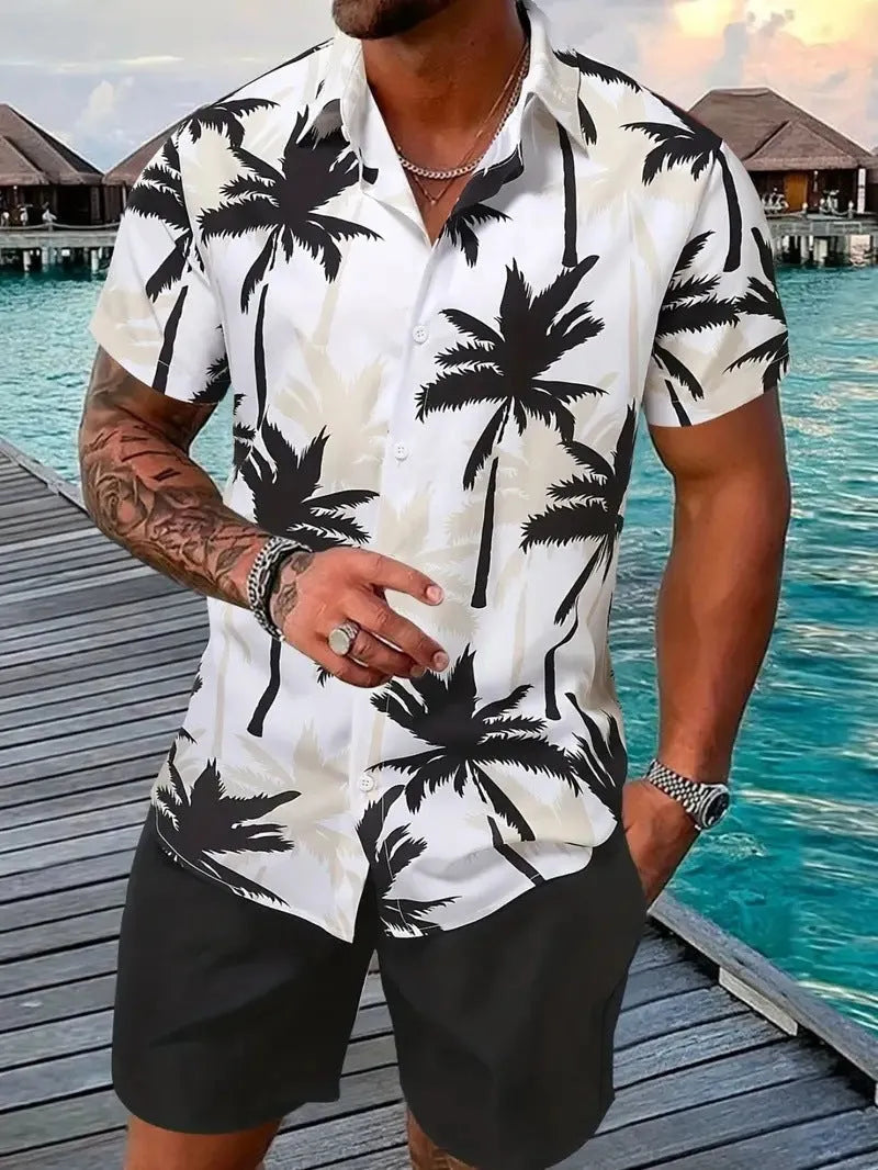 Men's 3D printed Hawaiian short sleeve suit set with matching top and shorts on a model.