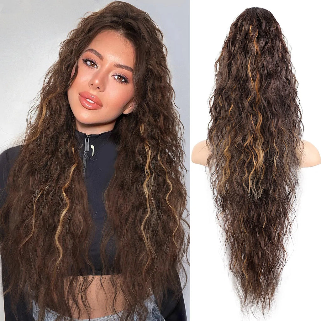 Long, fluffy curly synthetic ponytail wig in a high temperature fibre, shown in a 30-inch length.