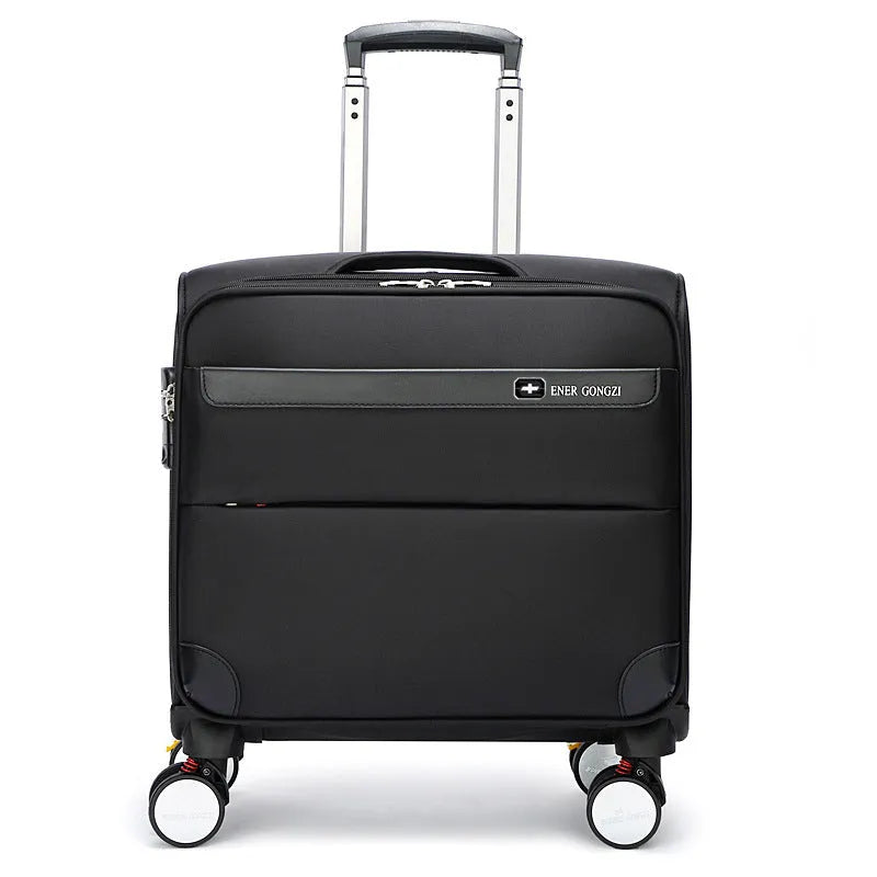 Black 18-inch carry-on cabin suitcase with retractable handle, four wheels, and combination lock on anti-theft zips.