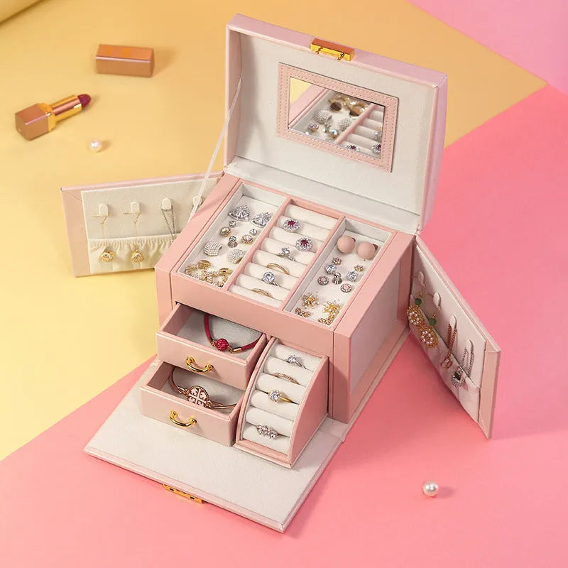 Large capacity PU leather jewelry box with mirror, European style, available in white and red