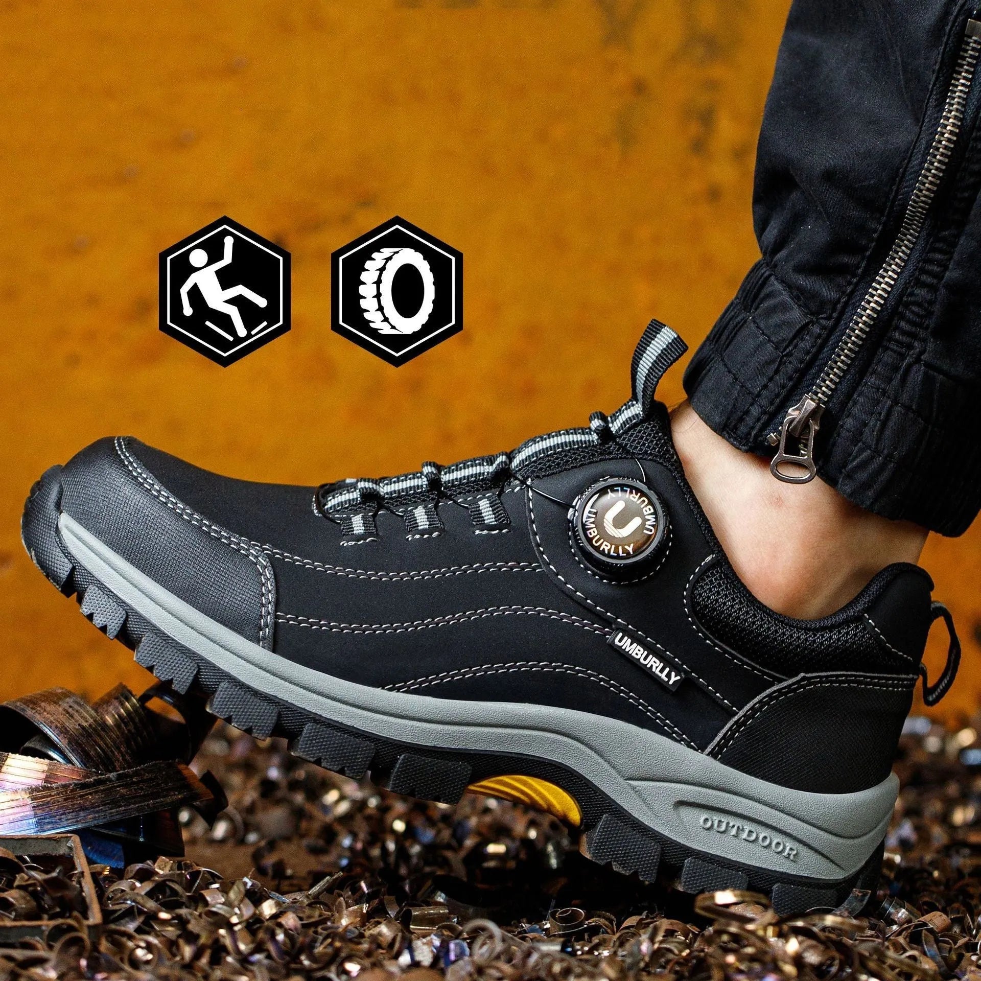 Wear resistant safety work shoes in beige with steel toe cap and Kevlar, anti-slip rubber sole, side view