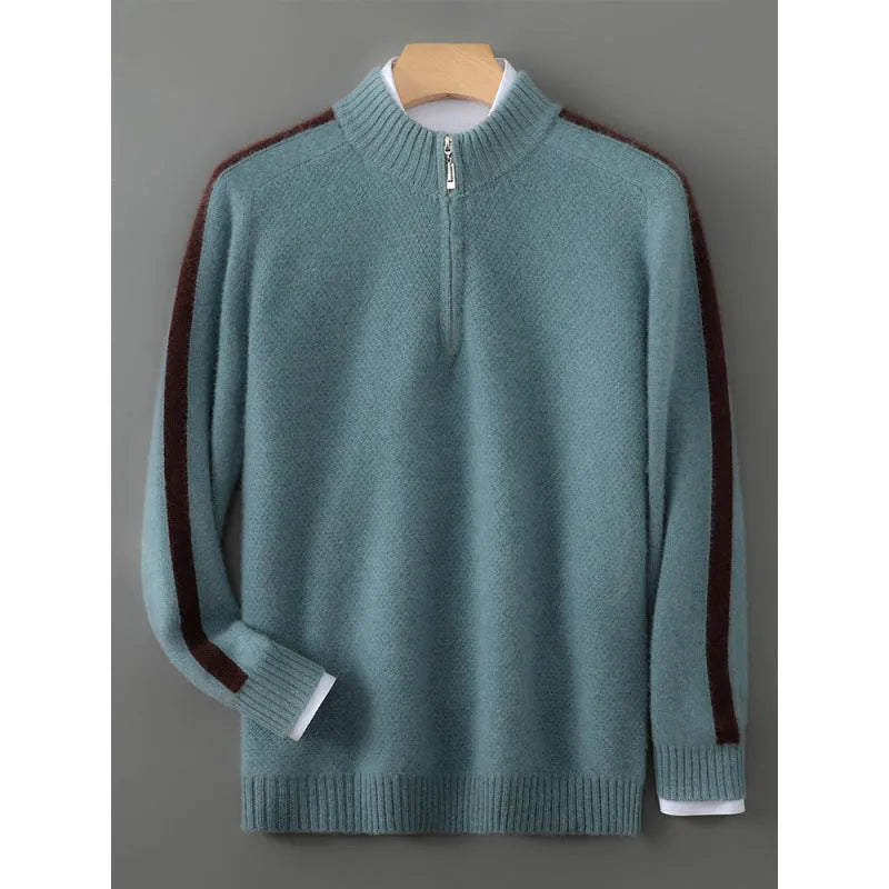 Plus-size slim fit sheep wool sweater with a half-height zip round neck in pea green colour