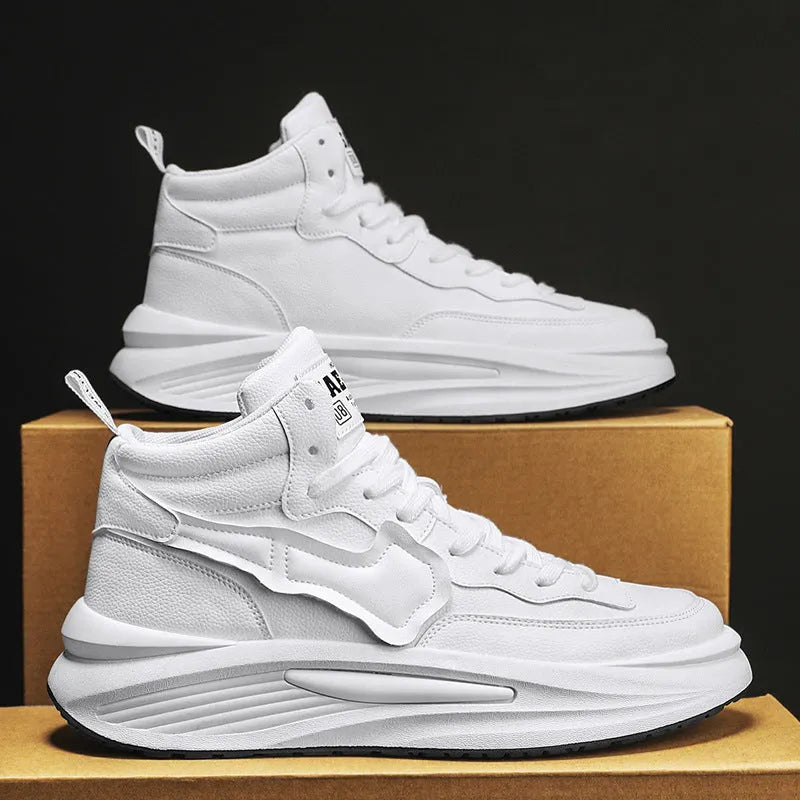 Men's black platform high-top shoes with round toe and artificial PU upper