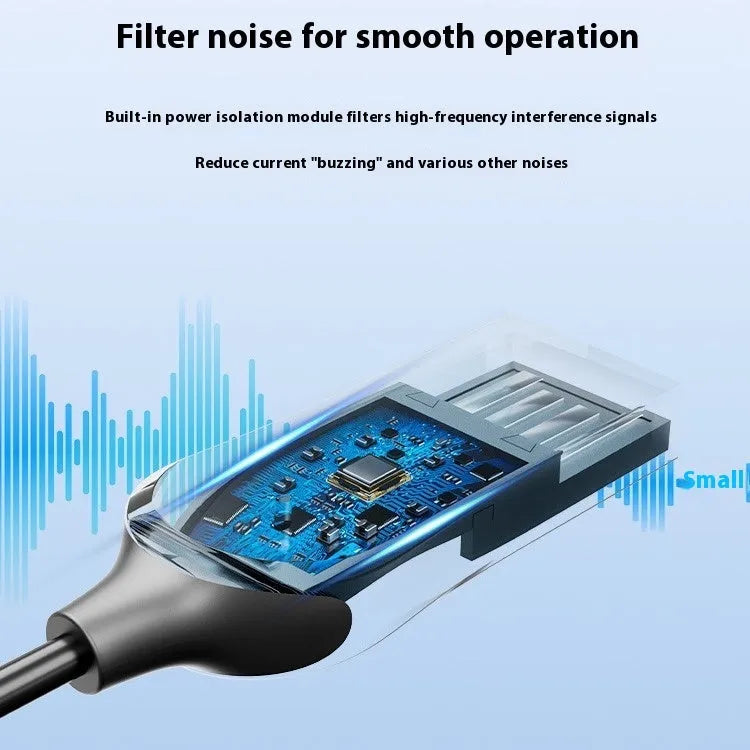 USB car Bluetooth audio receiver with zinc alloy USB connector and copper 3.5mm AUX connector connected by PU-coated cable