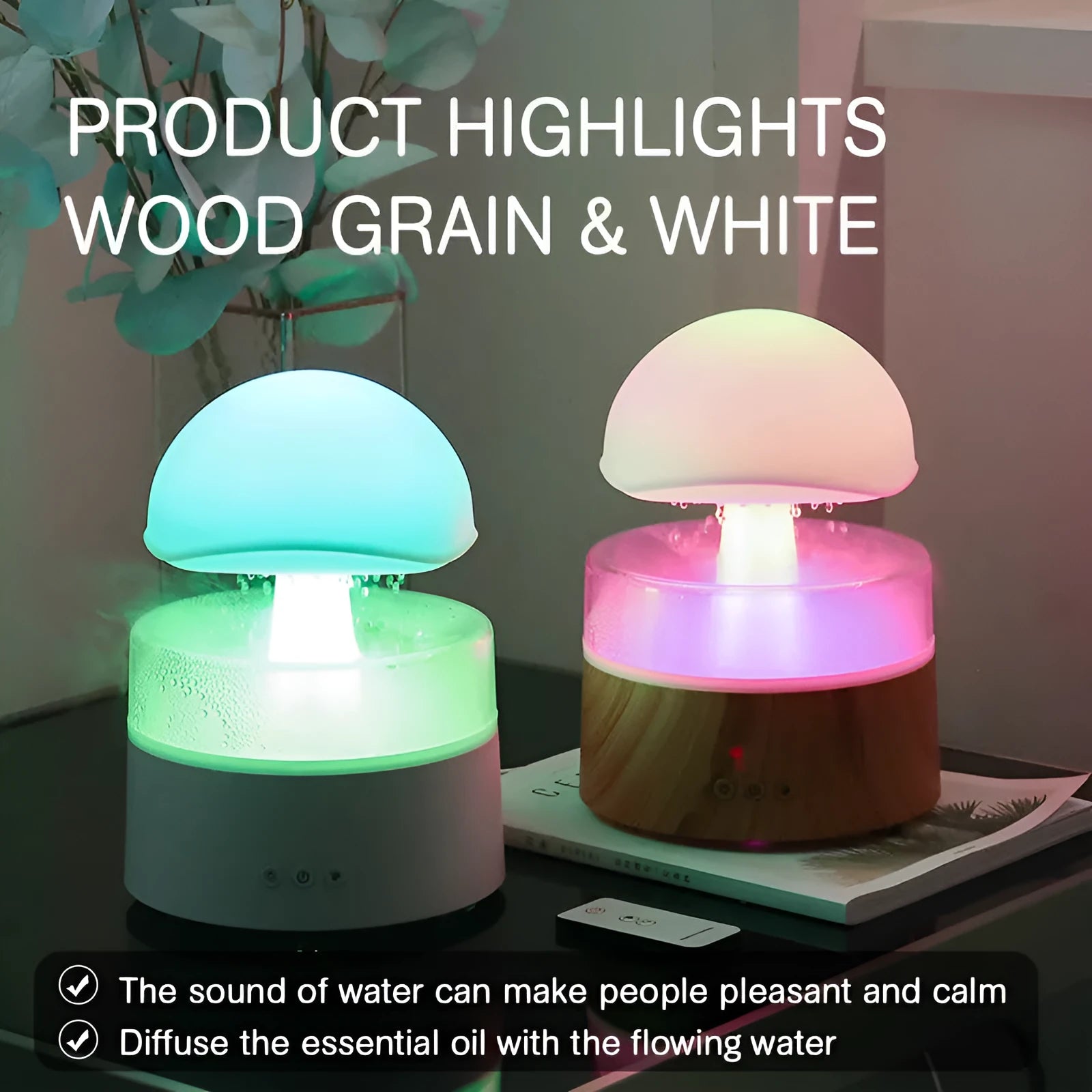 White cloud-shaped humidifier with rain droplets and multicolour lighting