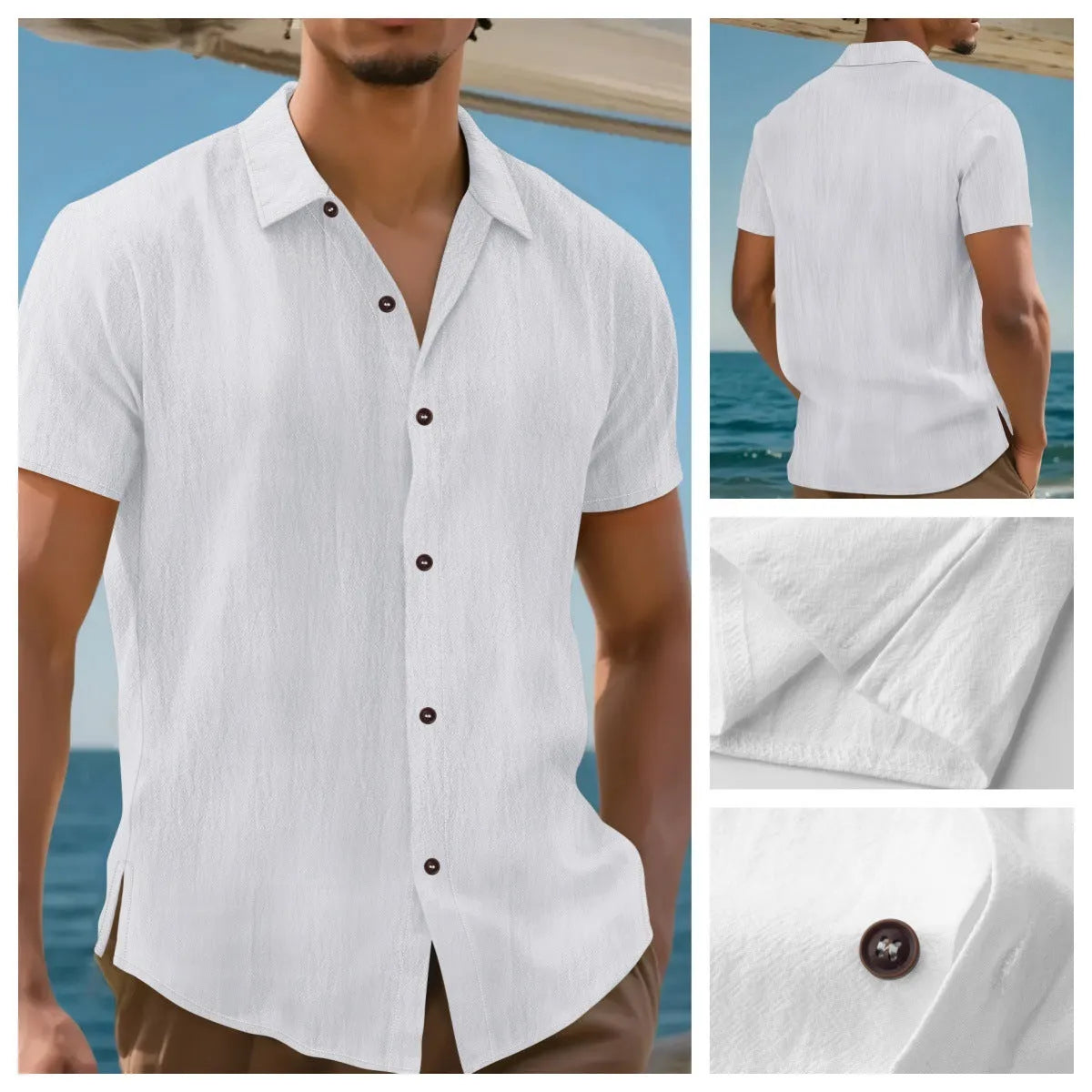 Men's linen lapel short sleeve shirt in eight colours including white, grey, orange, army green, navy blue, light blue, black, and khaki.