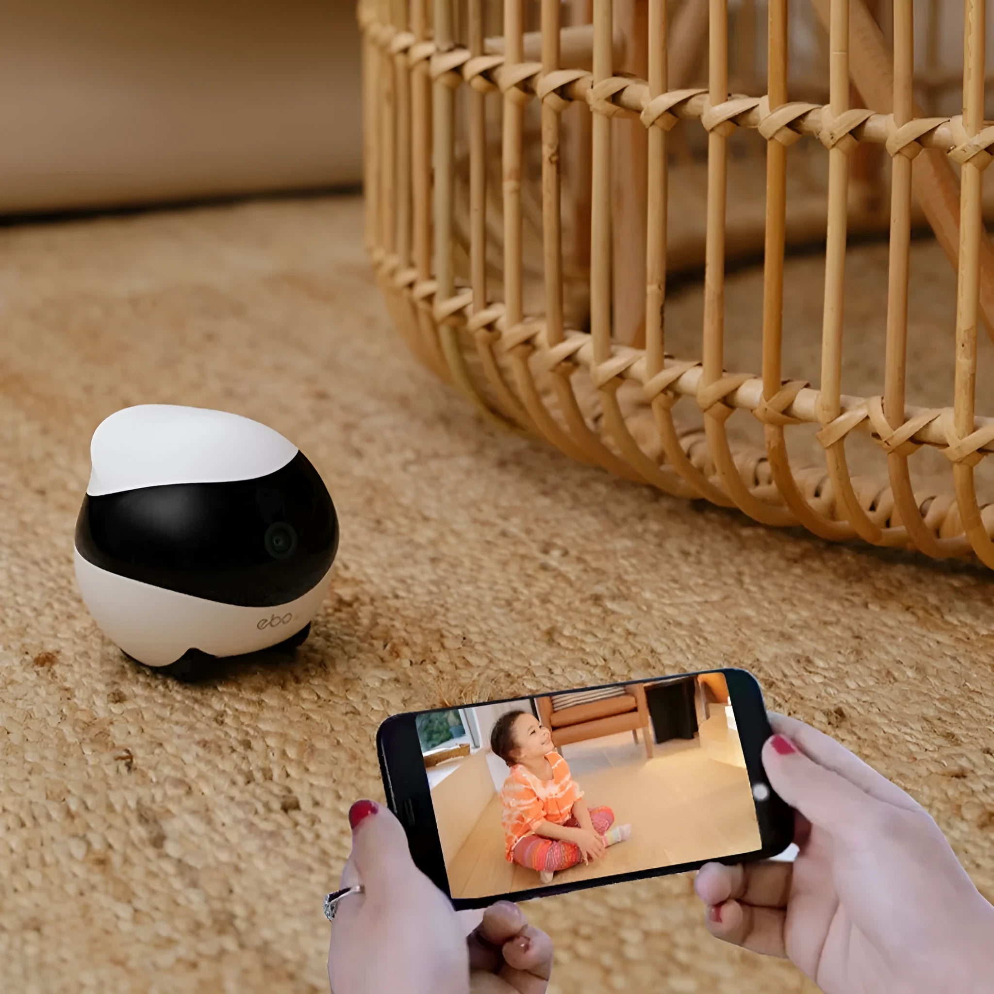 White smart home mobile surveillance robot camera on charging dock