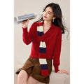 Women's striped V-neck sweater fake two piece long sleeve knit pullover loose fit green colour adult female