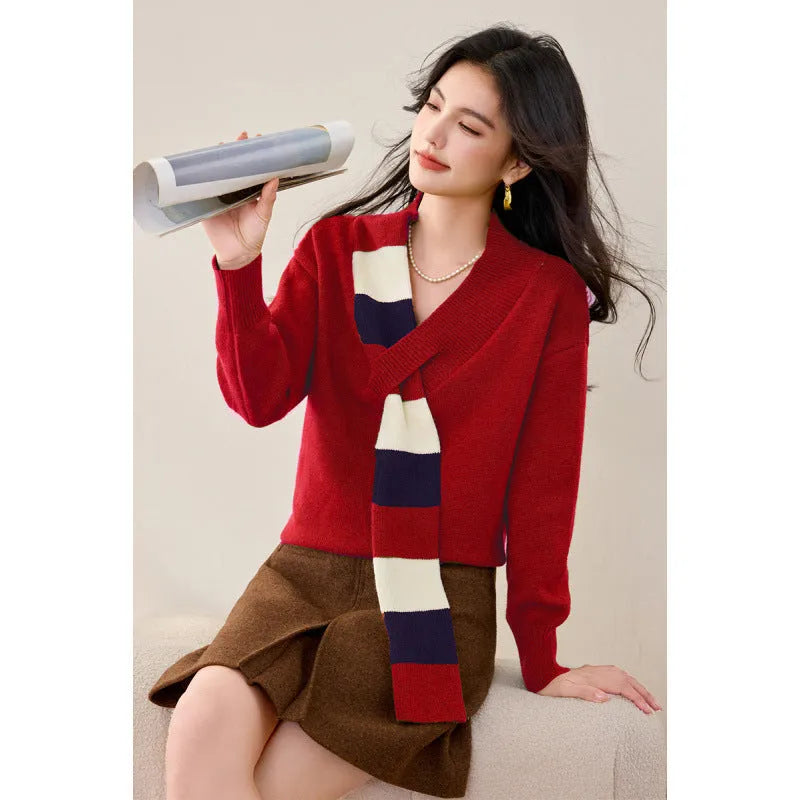 Women's striped V-neck sweater fake two piece long sleeve knit pullover loose fit green colour adult female
