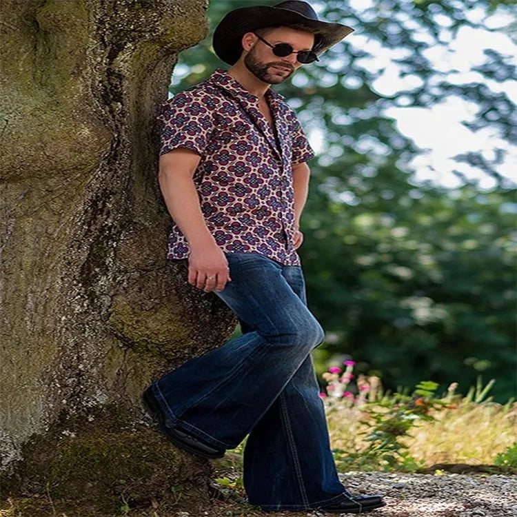 Cowboy bell-bottom retro embroidered stretch denim jeans in blue for men