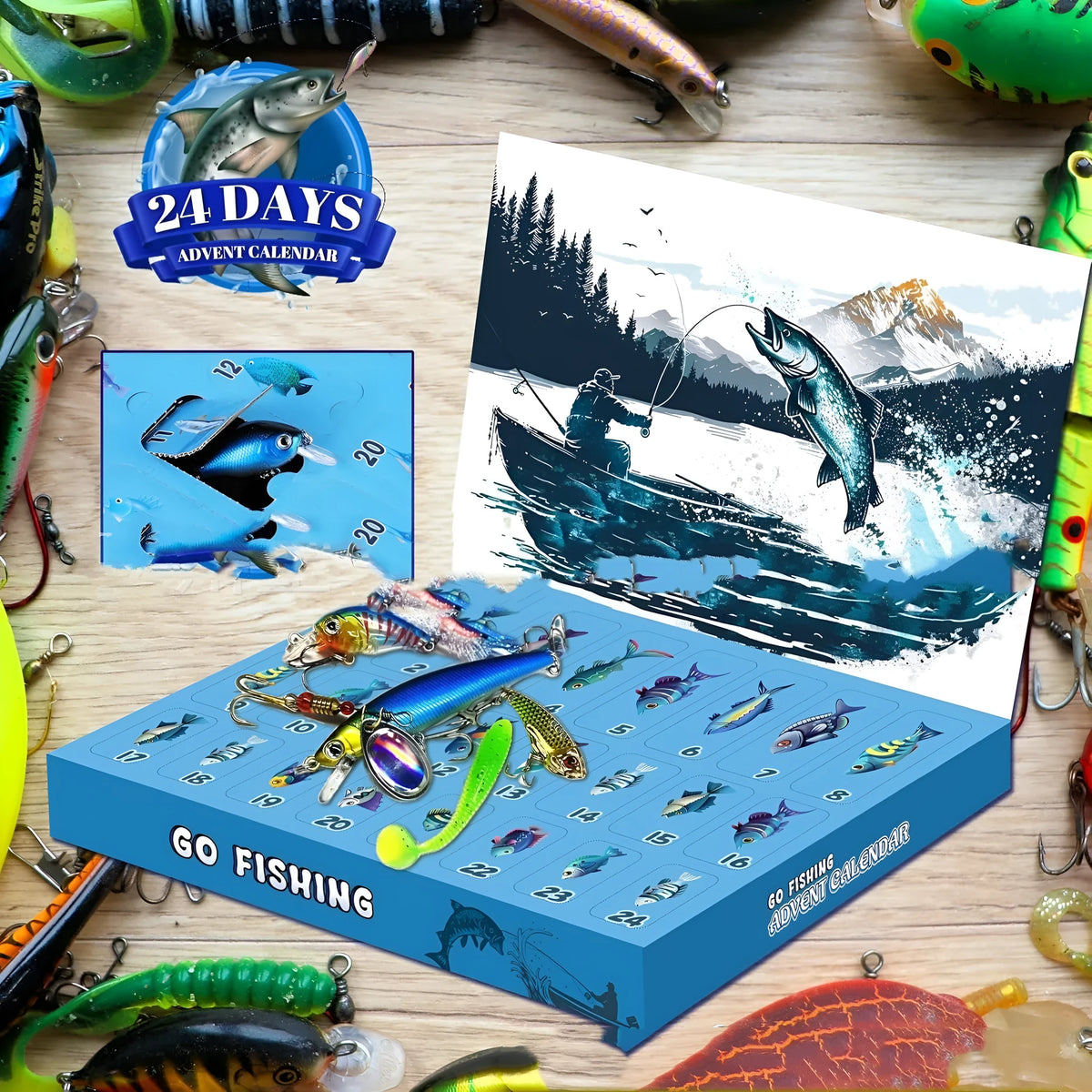 Christmas Advent Calendar Fishing Gear Set 14x9x1.5 inches compact holiday gift for anglers