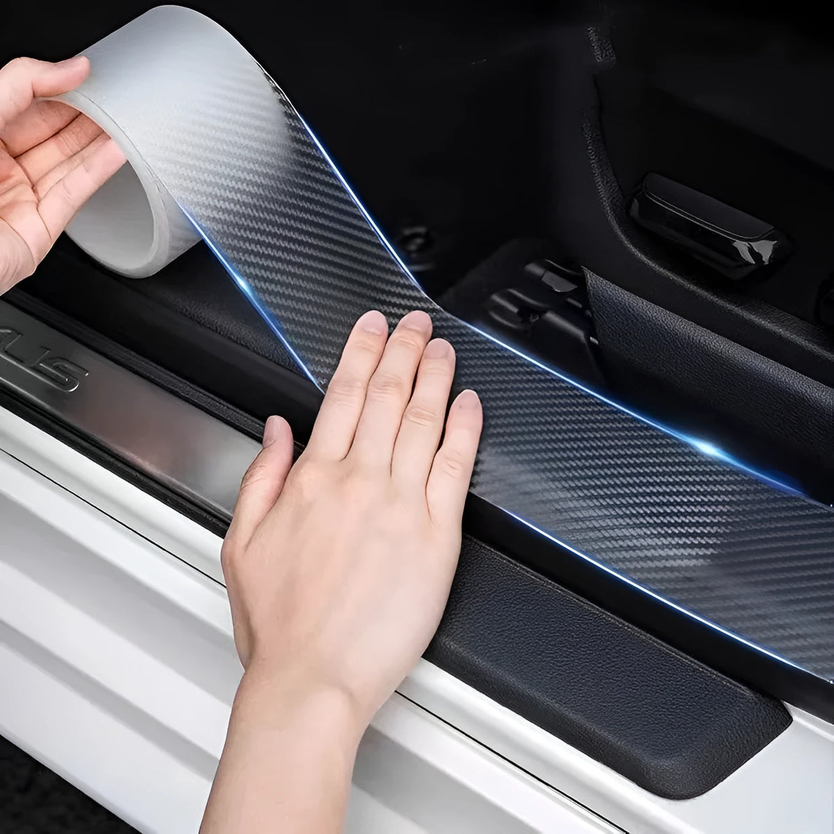 Clear transparent carbon fibre car door edge anti-collision protection strip roll on a white background