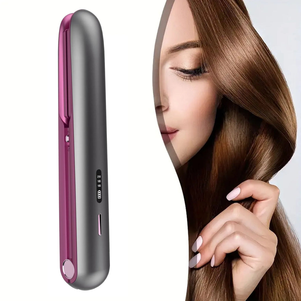 Moon shadow grey wireless hair straightener with ceramic plates and temperature dial.