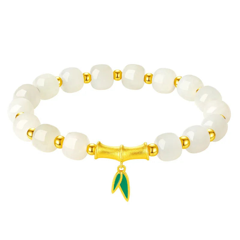 Women's S925 sterling silver bracelet with 6mm Hetian jade bamboo leaf beads in gold colour finish