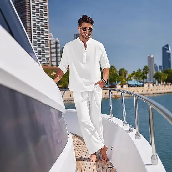 Men's casual cotton suit set in solid colour with long sleeve top and matching trousers