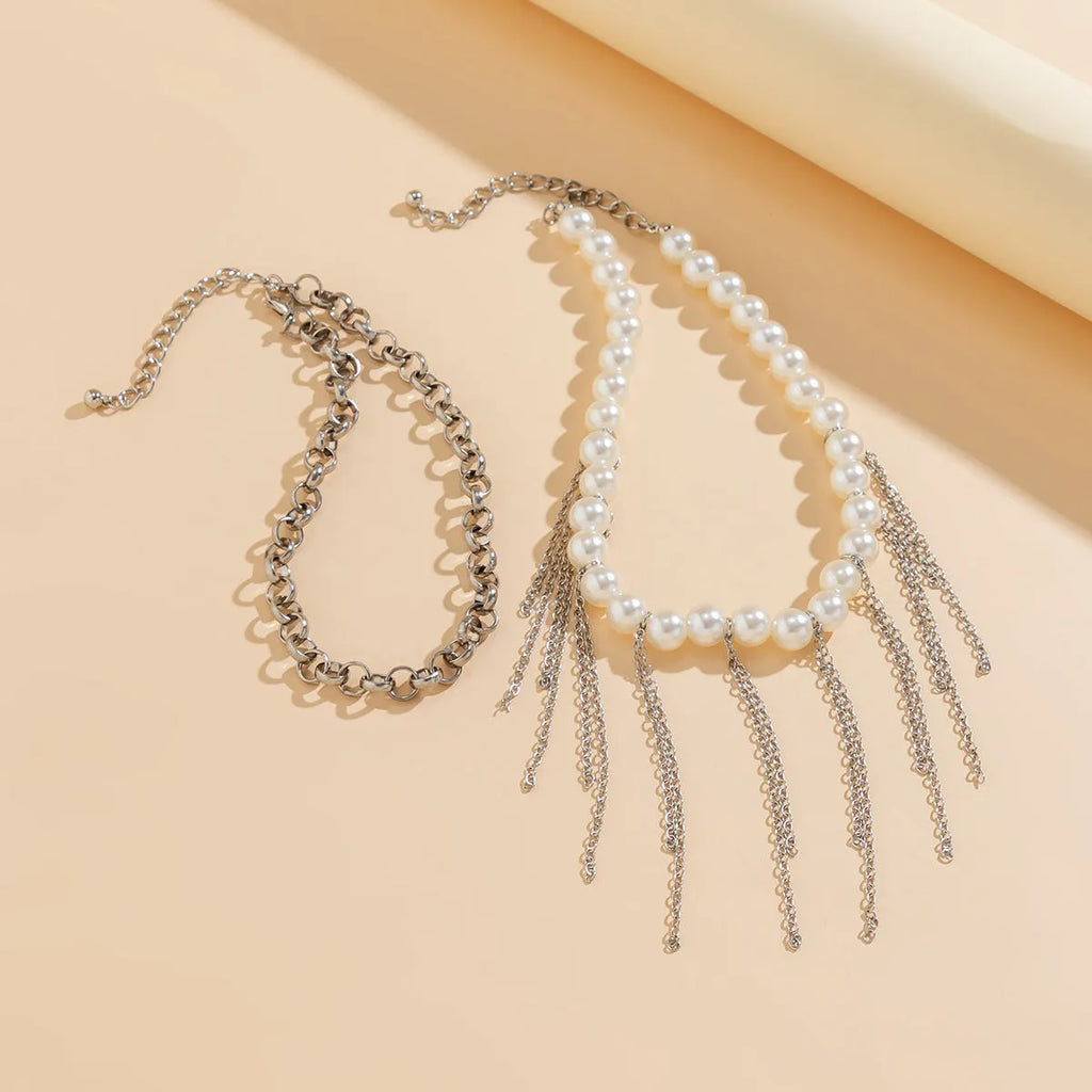 Imitation pearl tassel chain double-layer retro necklace with white K finish and geometric iron pendant