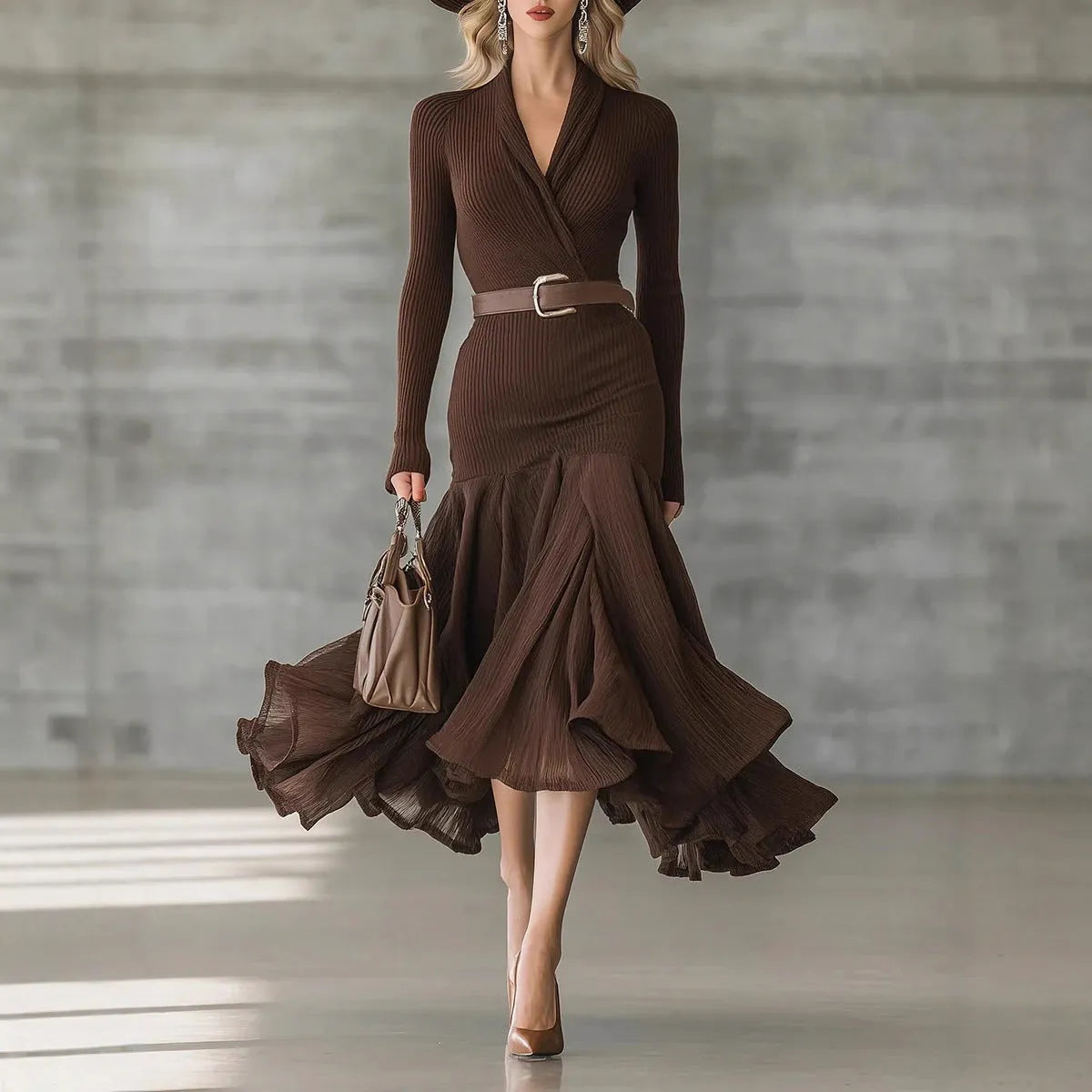 Dark brown stitching V-neck long-sleeve dress with high waist, long asymmetric skirt, and large swing shape