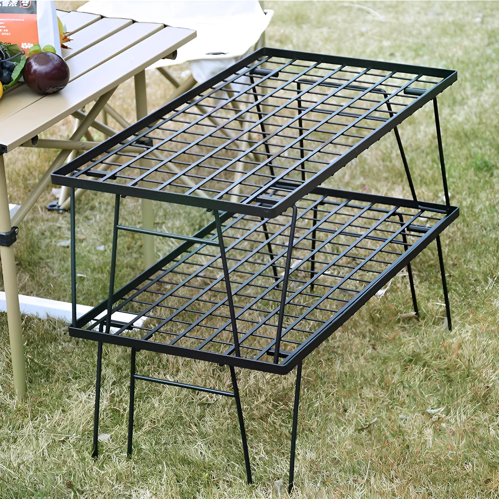 Outdoor portable iron folding table with double layer shelf and storage bag for camping and barbecue