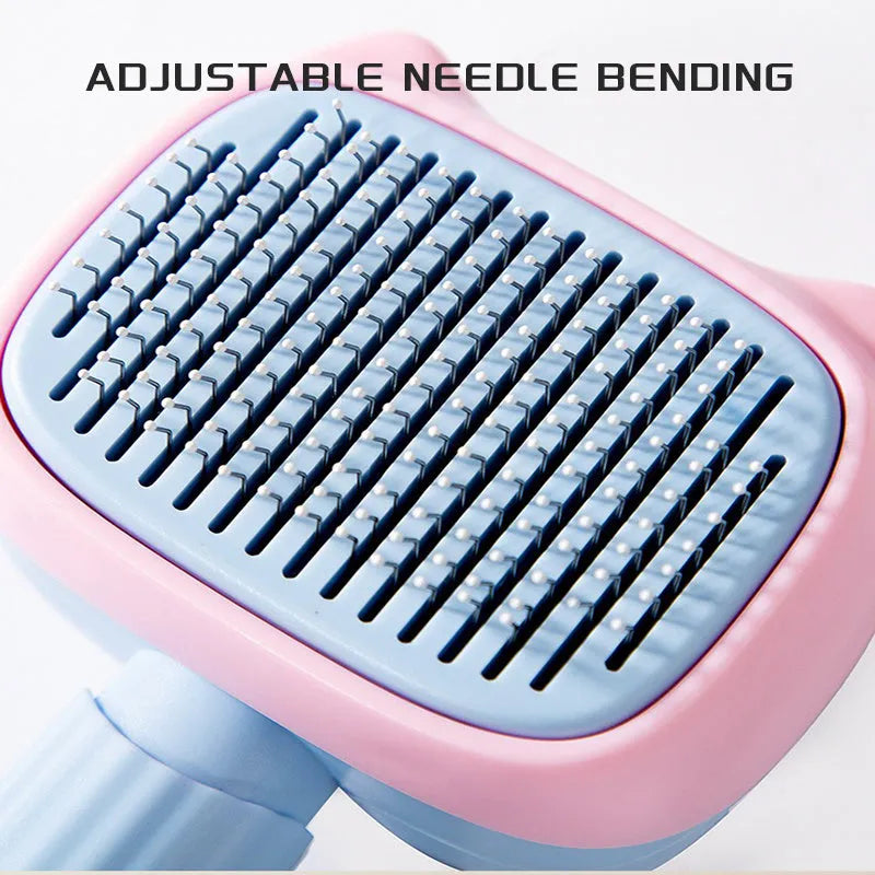 Blue double-sided pet grooming brush with deshedding rake and dematting comb on a 195mm handle.