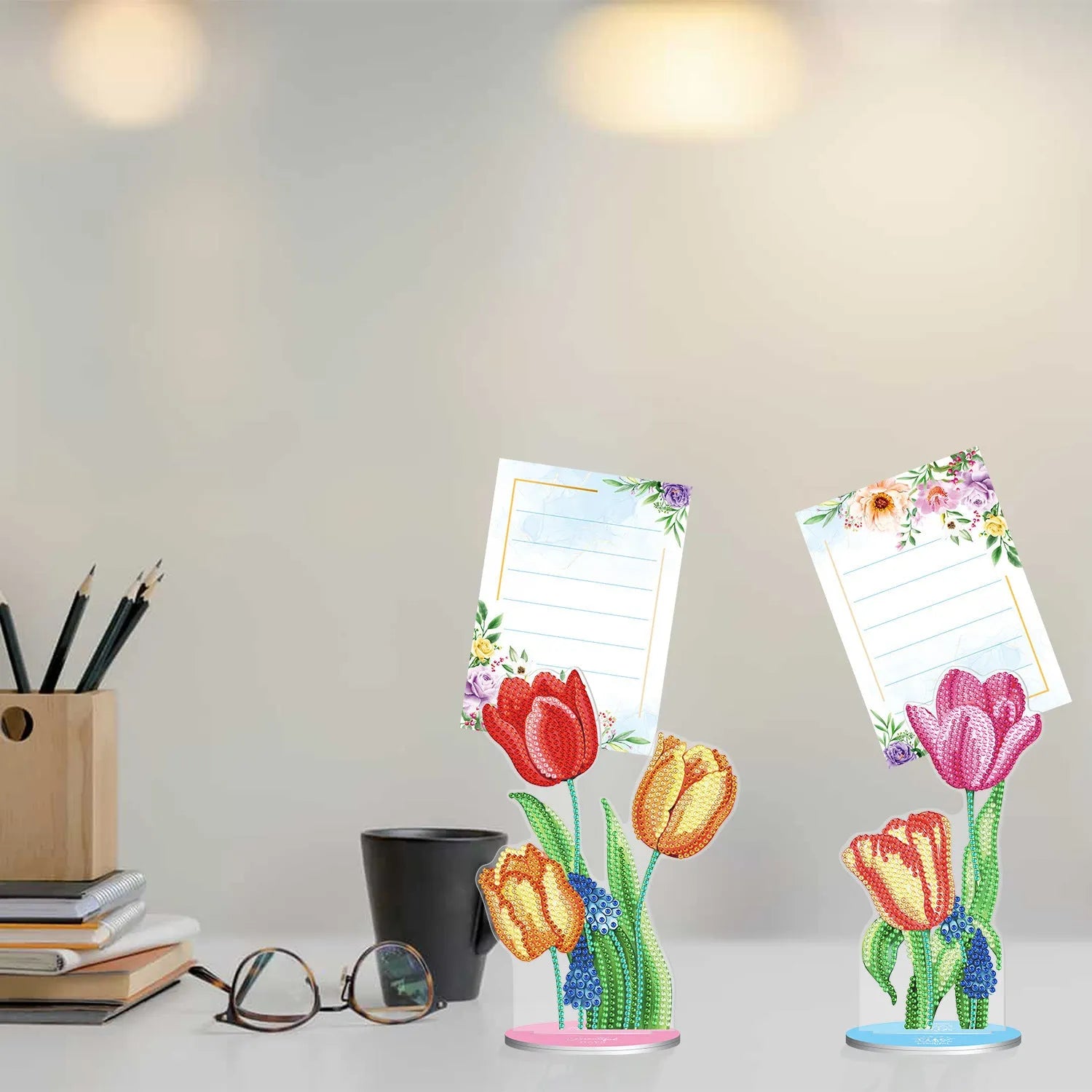 Handmade diamond painting decorative note clip on a desk, American-style design.