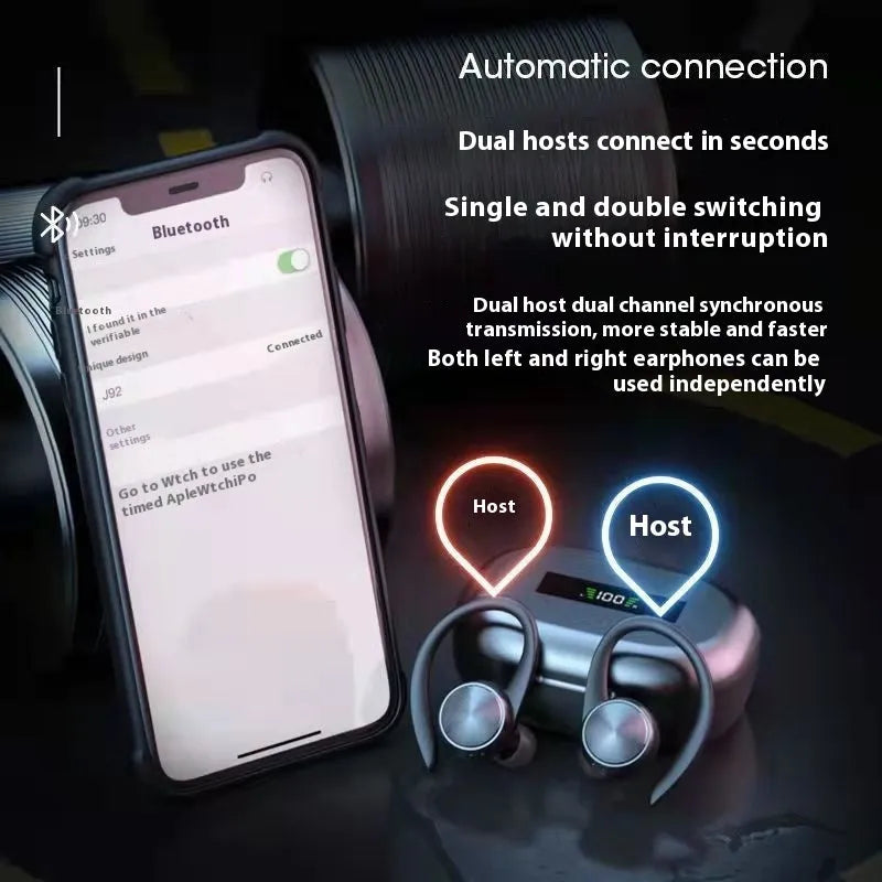 R200TWS ear-mounted sports Bluetooth headset with digital display, sweat-proof design, available in black white pink skin