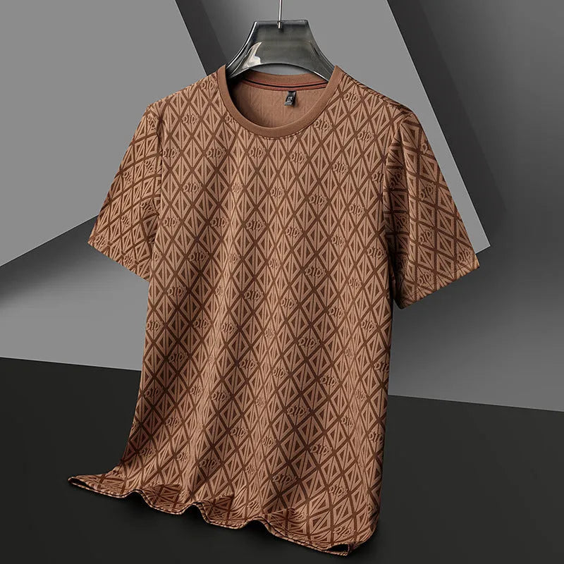 Men's loose-fit black short sleeve T-shirt made from Ice Silk Jacquard fabric.