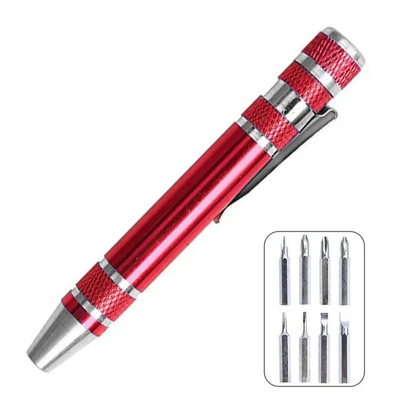 8-in-1 aluminium pen-type screwdriver set showing multiple coloured handles and bits.