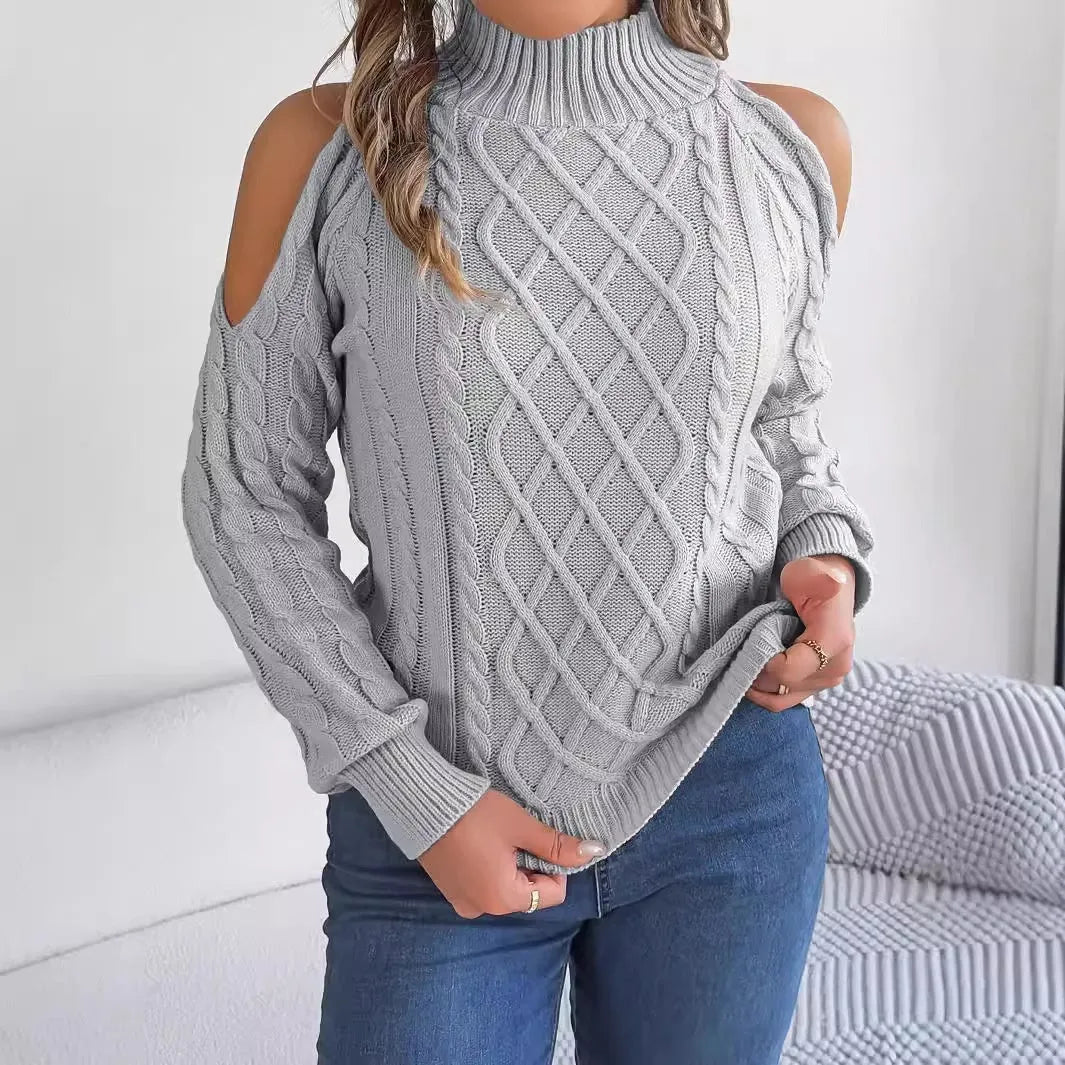 Women's casual strapless twist sweater with lantern sleeves and half-high collar in acrylic fabric