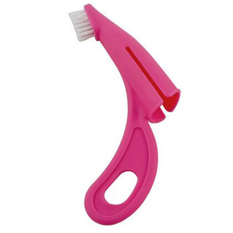 Red and white finger-sleeve toothbrush for dogs and cats with soft silicone bristles.
